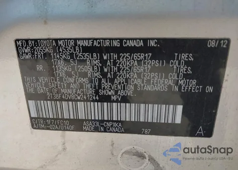 2012 Toyota Rav4 z USA, uszkodzony, nr VIN 2T3BF4DV8CW241244